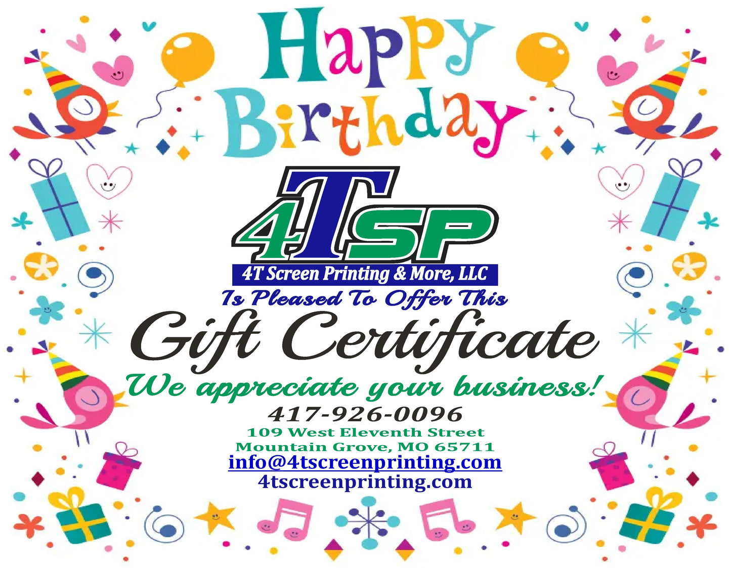 4TSP Happy Birthday Theme Gift Certificate