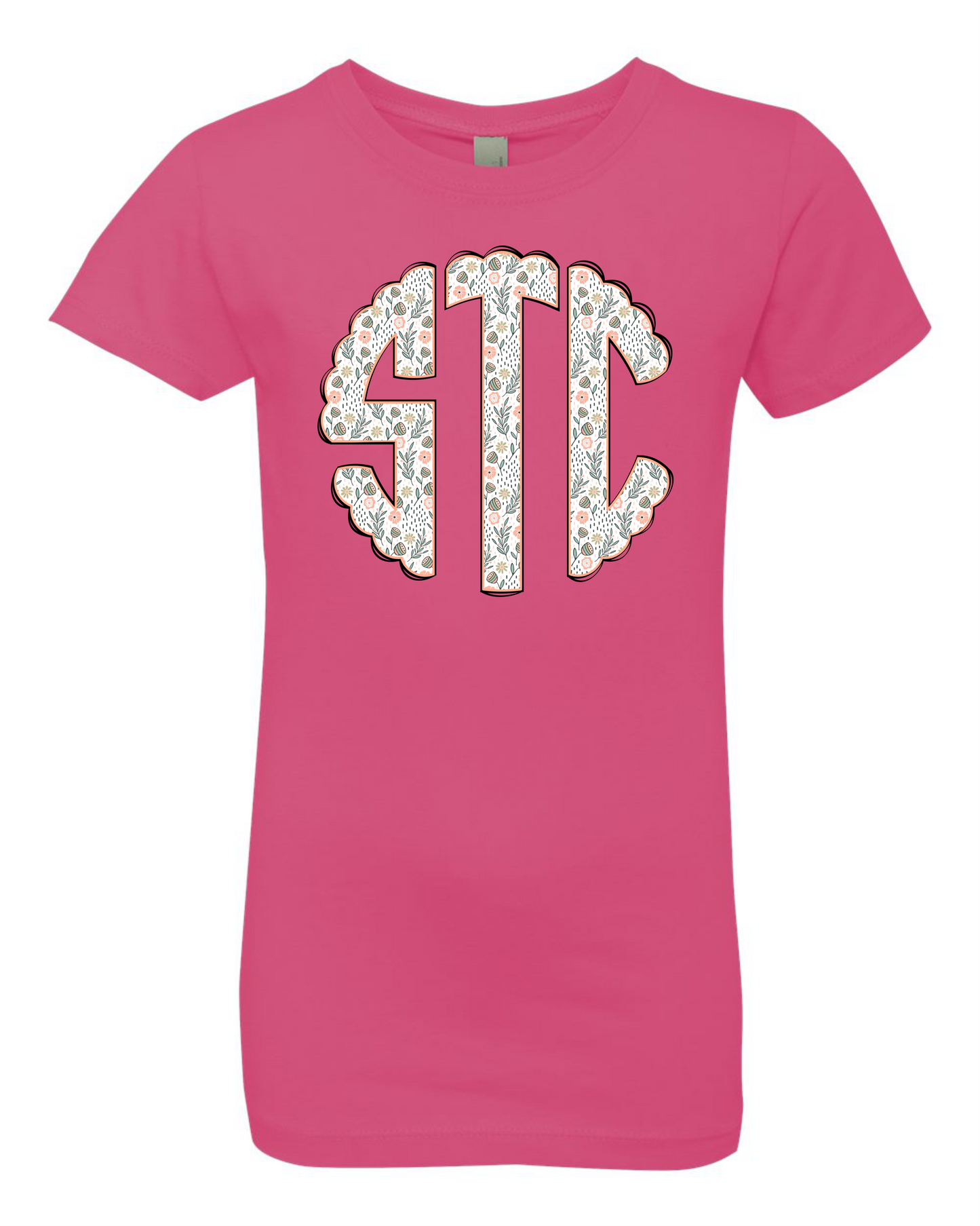 Girl's Monogram Short Sleeve T-shirt - White with Flowers