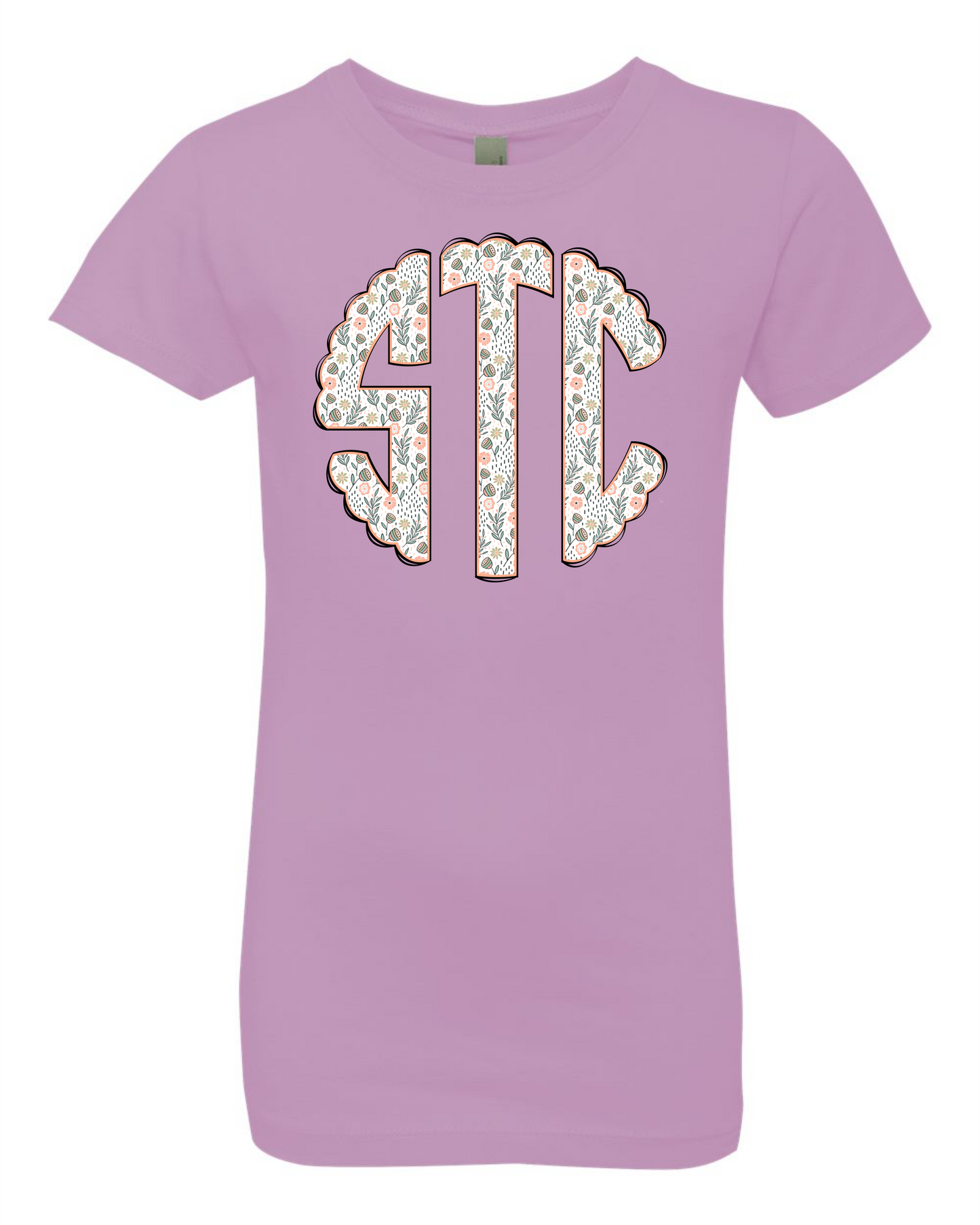Girl's Monogram Short Sleeve T-shirt - White with Flowers
