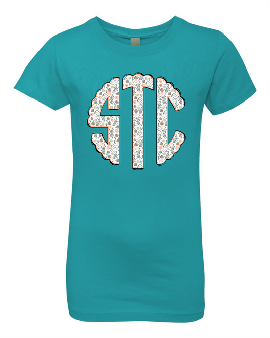 Girl's Monogram Short Sleeve T-shirt - White with Flowers