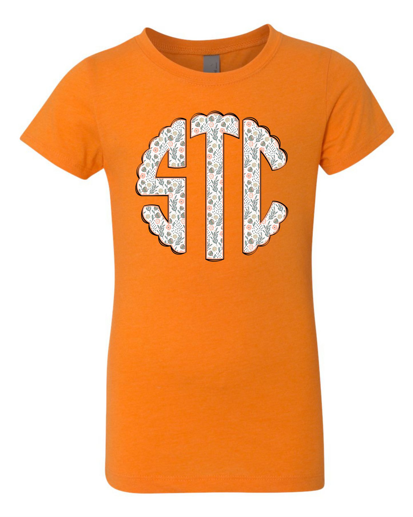 Girl's Monogram Short Sleeve T-shirt - White with Flowers