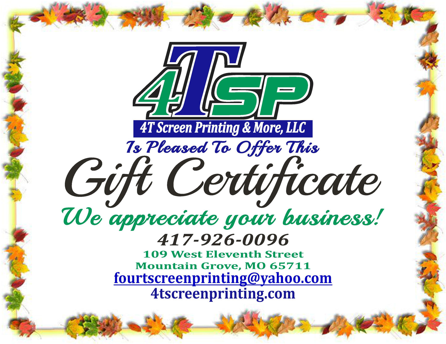 4TSP Fall Themed Gift Certificate