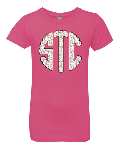 Girl's Monogram Short Sleeve T-shirt - White with Flowers