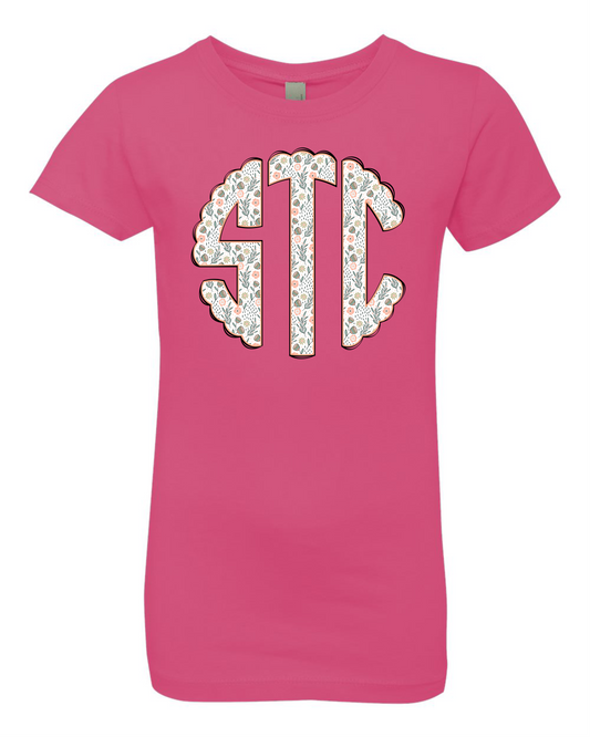 Girl's Monogram Short Sleeve T-shirt - White with Flowers