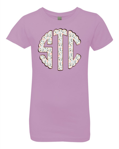 Girl's Monogram Short Sleeve T-shirt - White with Flowers